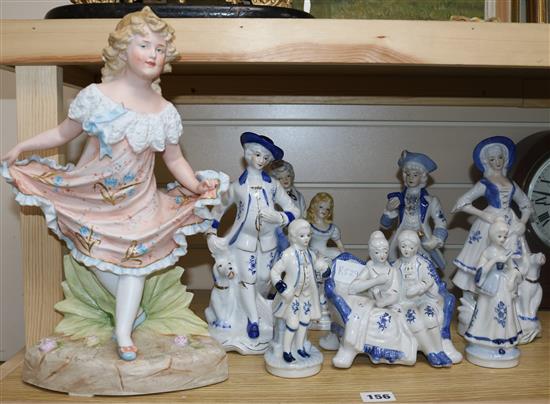 Ten assorted Continental bisque and porcelain figurines largest 36cm